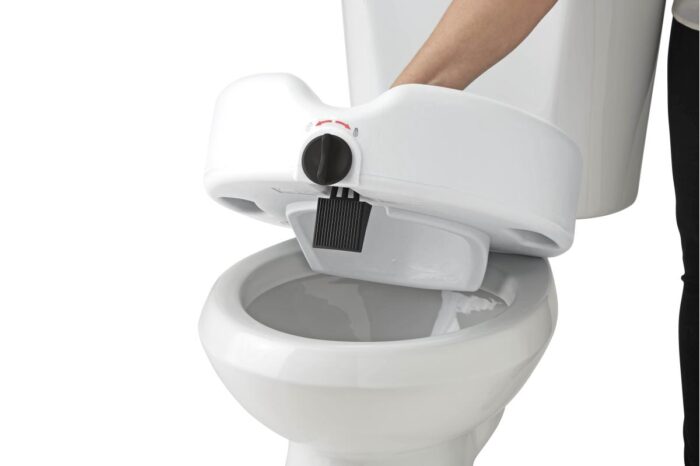 Toilet Seat: Elevated Locking Grey Seat with Microban Protection