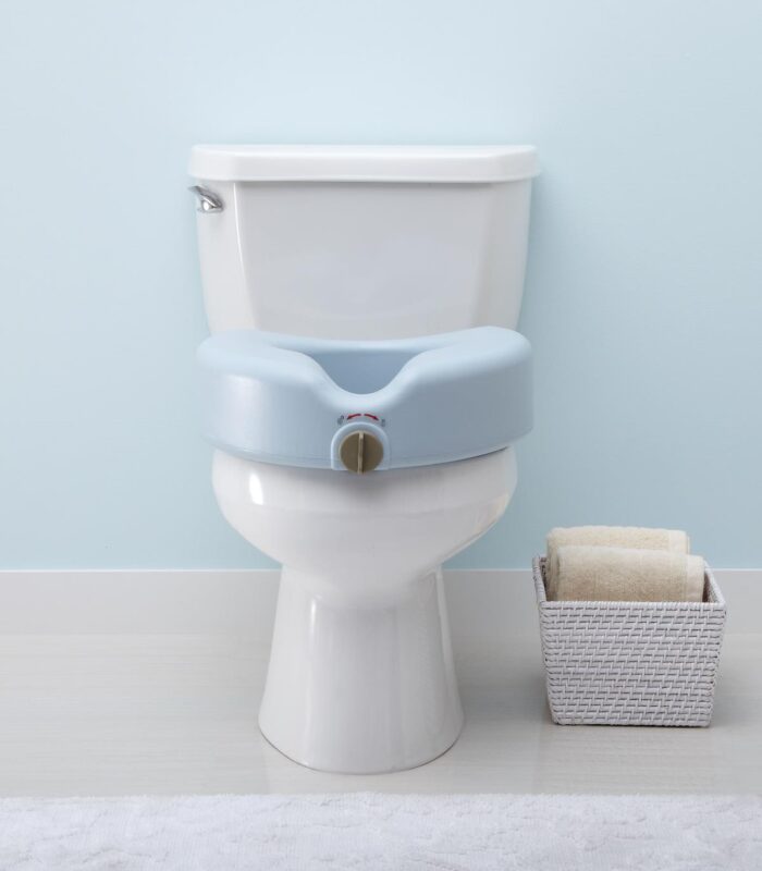 Toilet Seat: Elevated Locking Grey Seat with Microban Protection