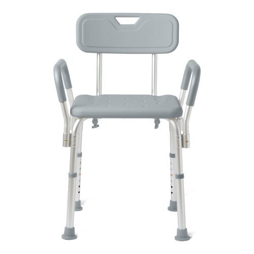 Shower chair with back and arms Tool-free assembly 350 lb. weight capacity Comes in retail packaging